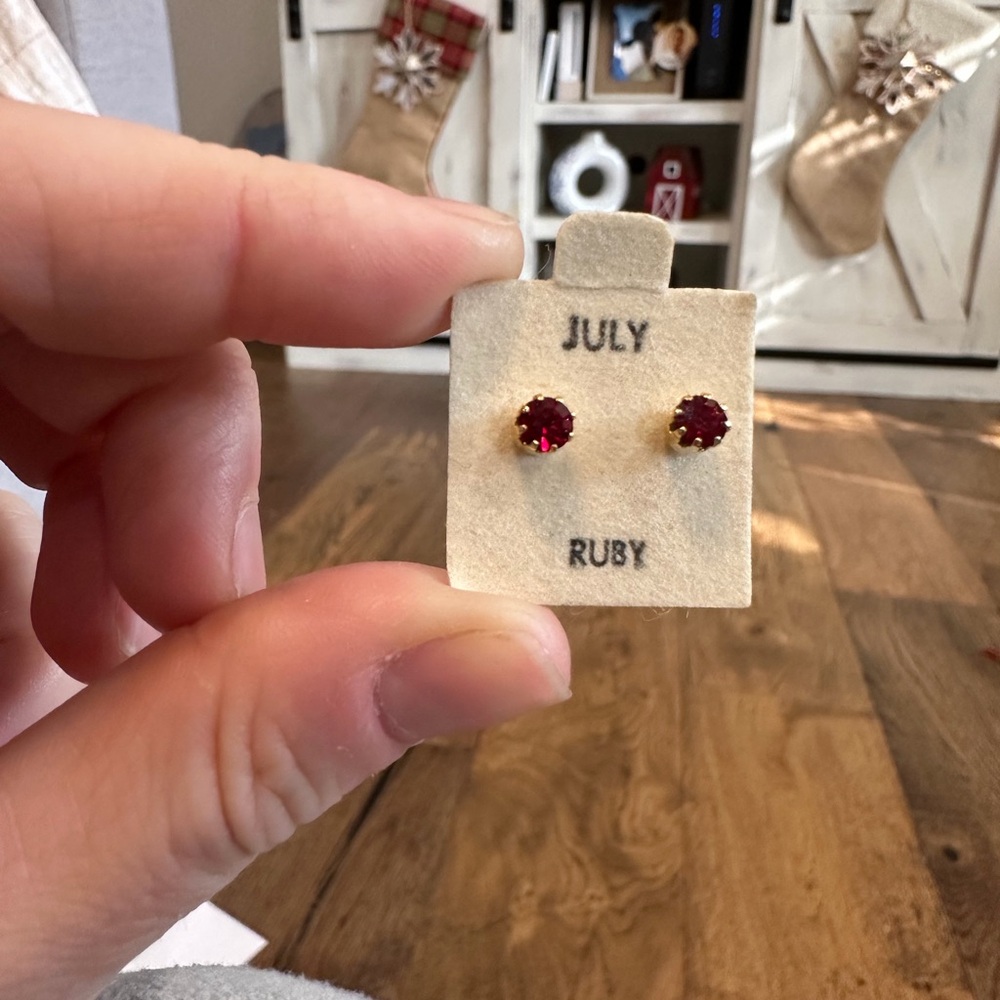 Gold-tone July Birthstone Red Ruby Stud Earrings